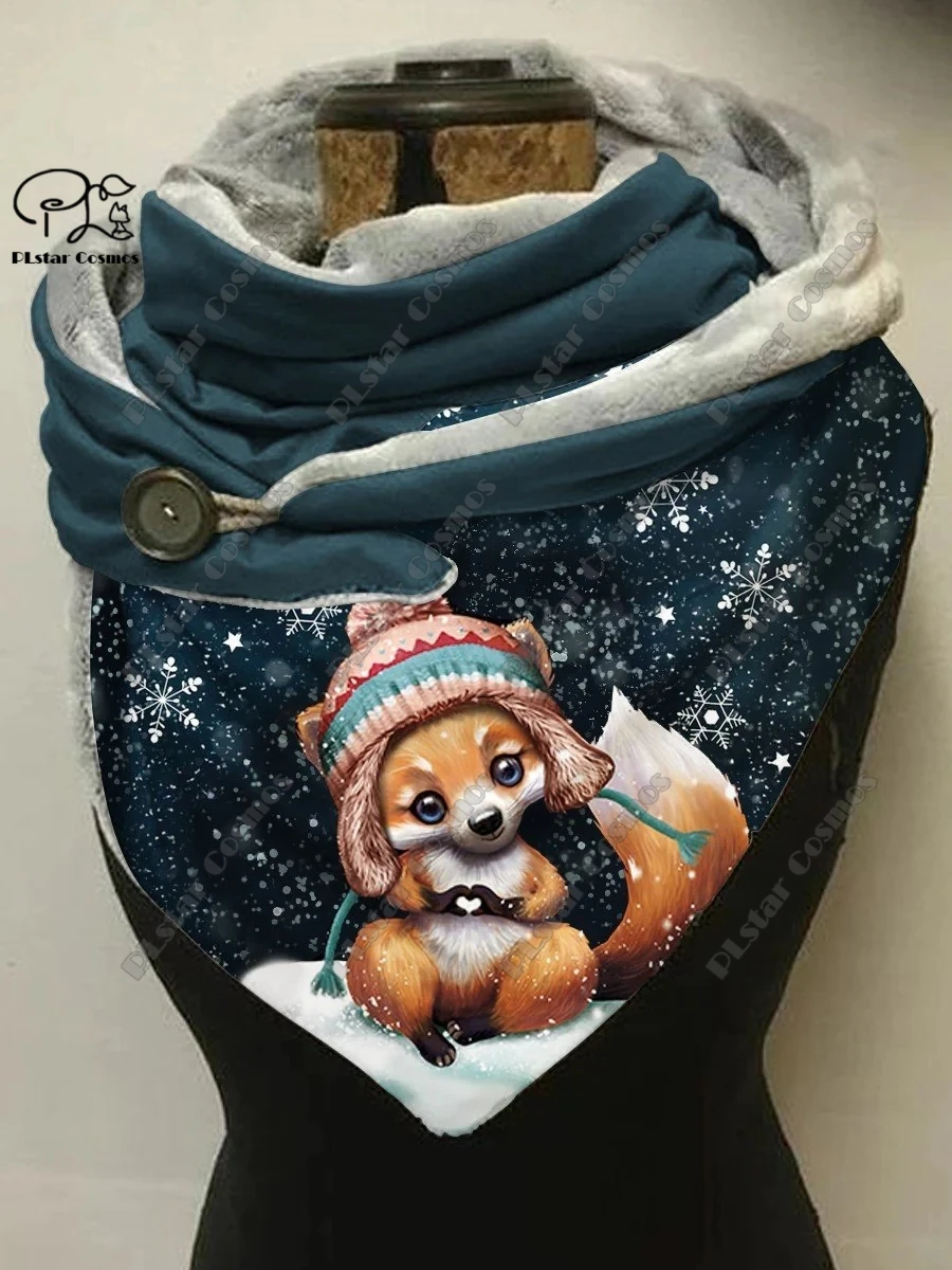 3D printing animal series cute fox fallen leaves snowflake pattern women\'s warm shawl spring and winter small triangle scarf H-3