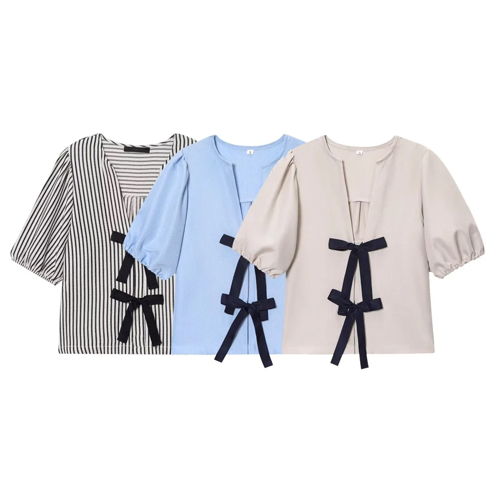 

Autumn new women's linen bow decoration V-neck short sleeved shirt