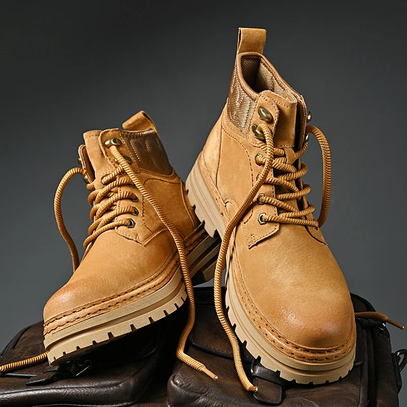 2025 الرجال جلد الخنزير الرجعية أحذية عمل غير رسمية جلد طبيعي عالية أعلى أحذية العمل رجل اصفرار البني حذاء من الجلد يصعب ارتداء