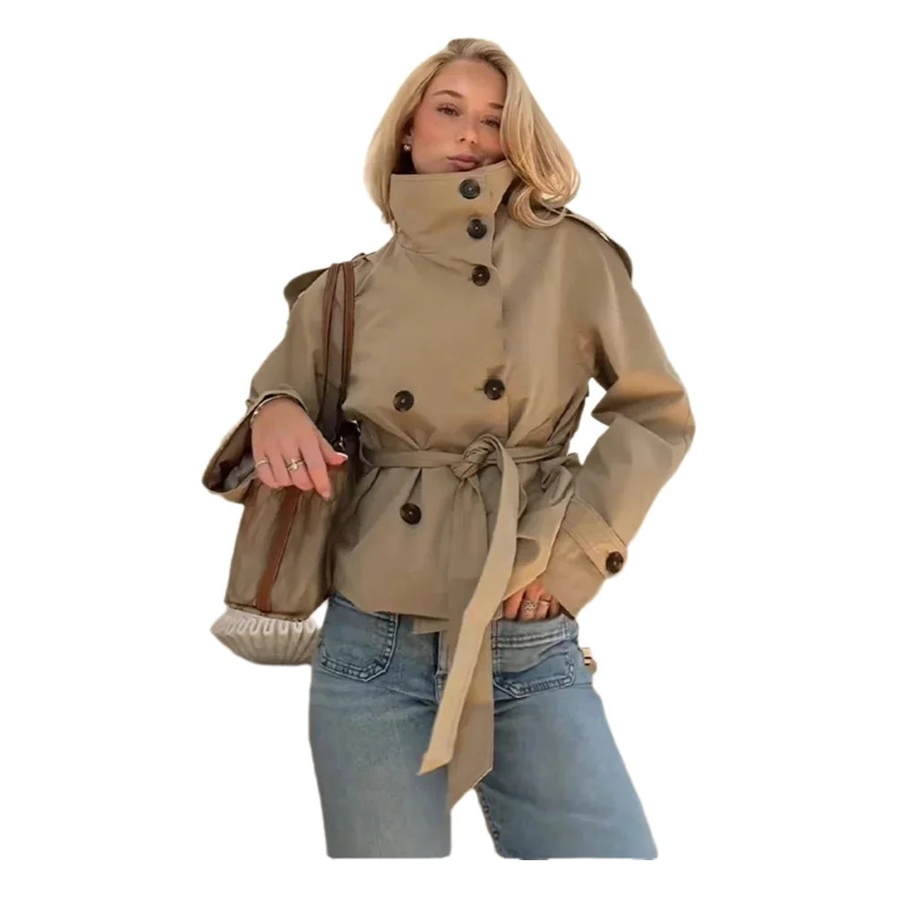Gürtel Taille Abgeschnitten Graben Jacken Frauen Zweireiher Stehkragen Mäntel 2025, Herbst Chic Casual Vintage Jacke Frauen Tuch