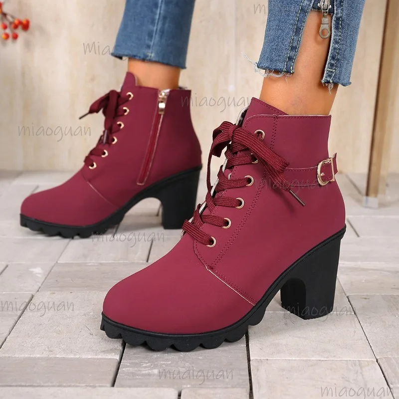 Plus Size 36-43 Women's Ankle Boots Autumn Winter Chunky High Heel Short Boots Round Toe Lace Up Booties Botines Para Mujeres view 5