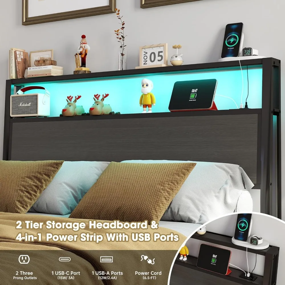 إطار سرير كامل الحجم مع لوح رأسي، إطار سرير بمنصة معدنية مع أضواء LED ومحطة شحن، تخزين تحت السرير، صلب وSt #4