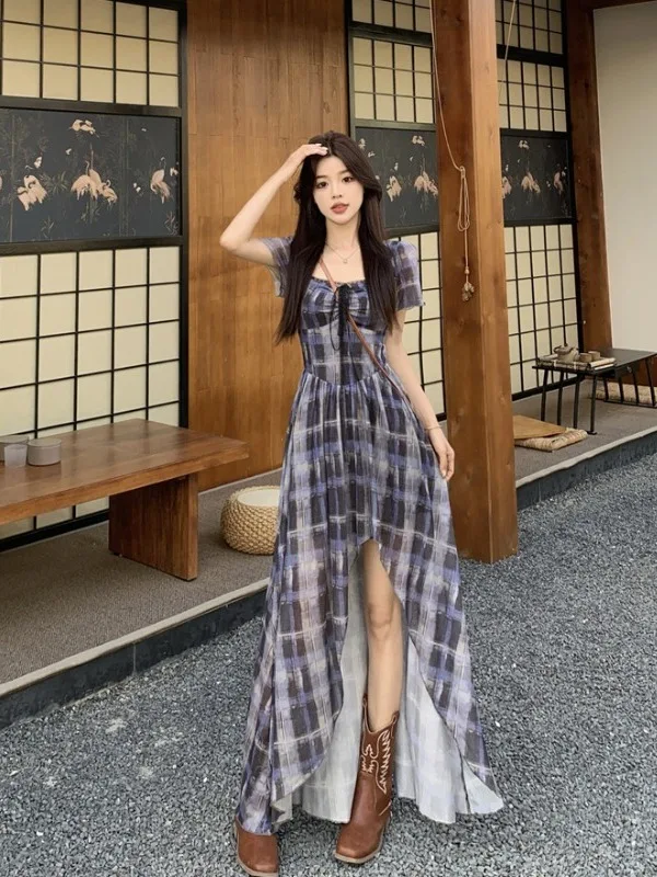 

plus Size Women's Vintage Plaid Lace Short Sleeve Dress Summer New Waist Cinched Asymmetrical A-Line Skirt Korean Style Slim Fit