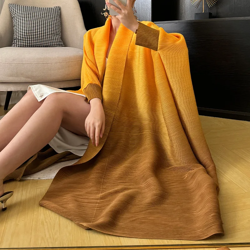 Miyake-Chaqueta chal de Color degradado para mujer, prendas de vestir con diseño plisado, cárdigan con lazo de sección larga, bata larga de manga larga, 51 pulgadas