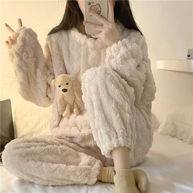 Winter Thickened Women's Pajamas Long Plush Cute Sweet Fleece-lined Warm Bear Homewear Clothes Women's Popular Internet Red Suit