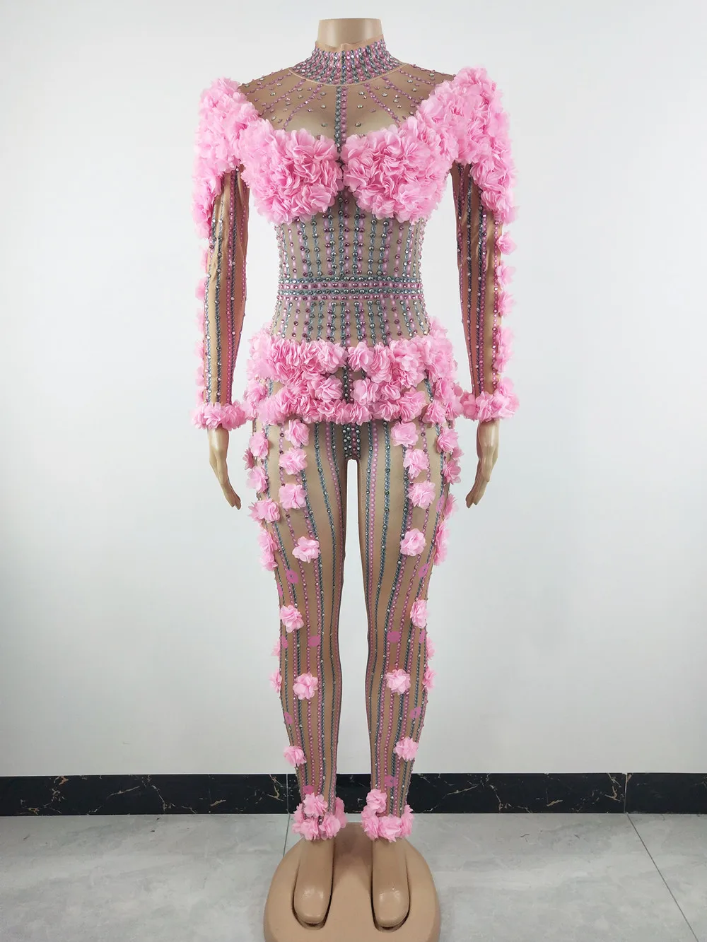 Combinaison élastique serrée à manches longues avec fleurs roses et strass, barboteuse à la mode pour fête d'anniversaire, Costume de danse de chanteur et de Bar