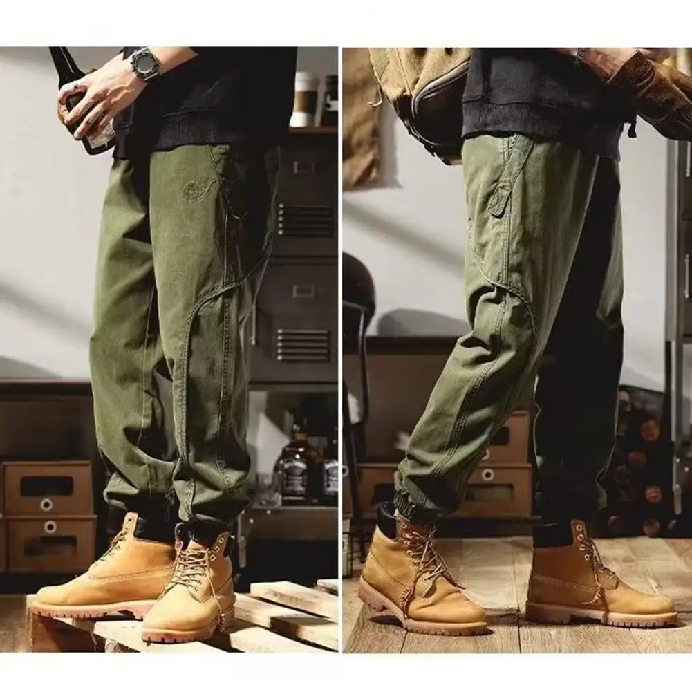 Men Loose Fit Pants Men's Fall Spring Cargo Pants with Ankle-banded Design Elastic Waist Multiple Pockets for Outdoor Work