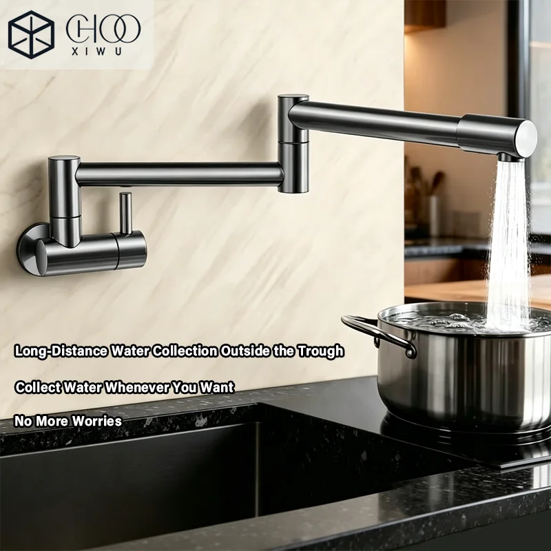 Kitchen Stacked Faucet, Swivel Hearth, Extendable and Rotating Cold Water Faucet, Hot and Cold Water Inlets, Wall-Mounted Stainl