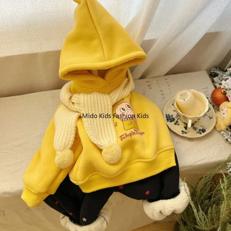 Girls' Matching Winter Arrival Cream-coloured Adorable Star-print Hooded Jacket Girl's Graffiti-print Fleece-lined Trousers Set