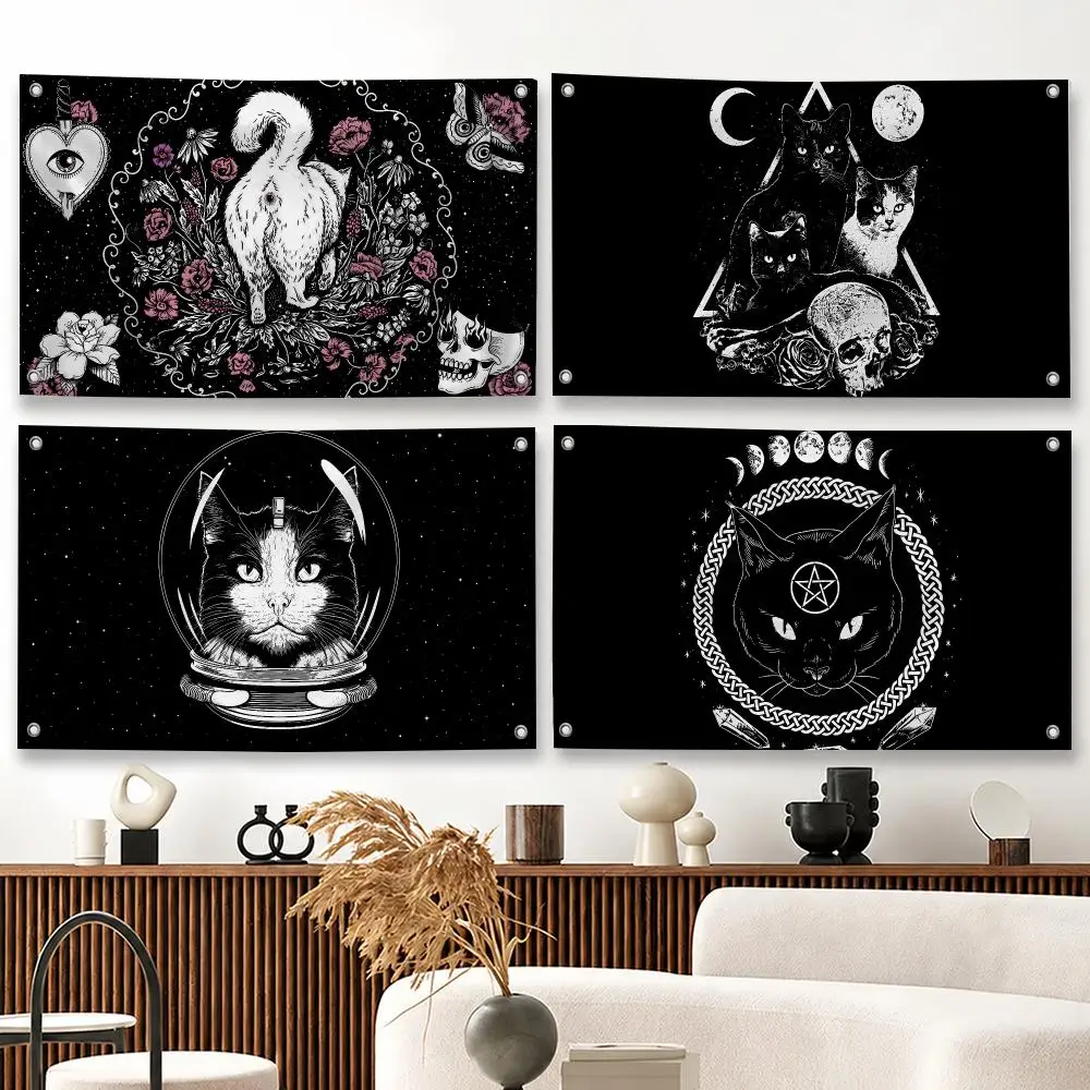 Black Cat Witchcraft Art Flags Tapestries Outdoor Parties Bedrooms Living Rooms Dorm Rooms Wall Decor Banners Gifts
