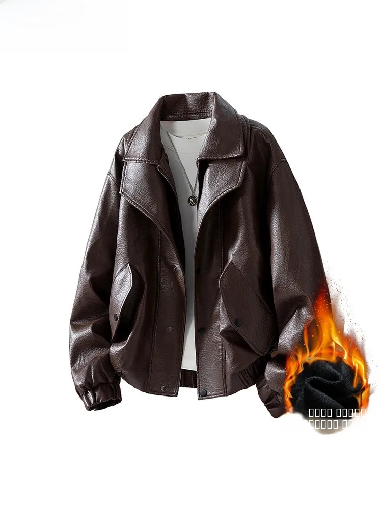 

Retro American St Man Thiened Fce Lined Biker Sle Jaet Men's Autumn Winter Warm Windproof Waterproof Leather Coat