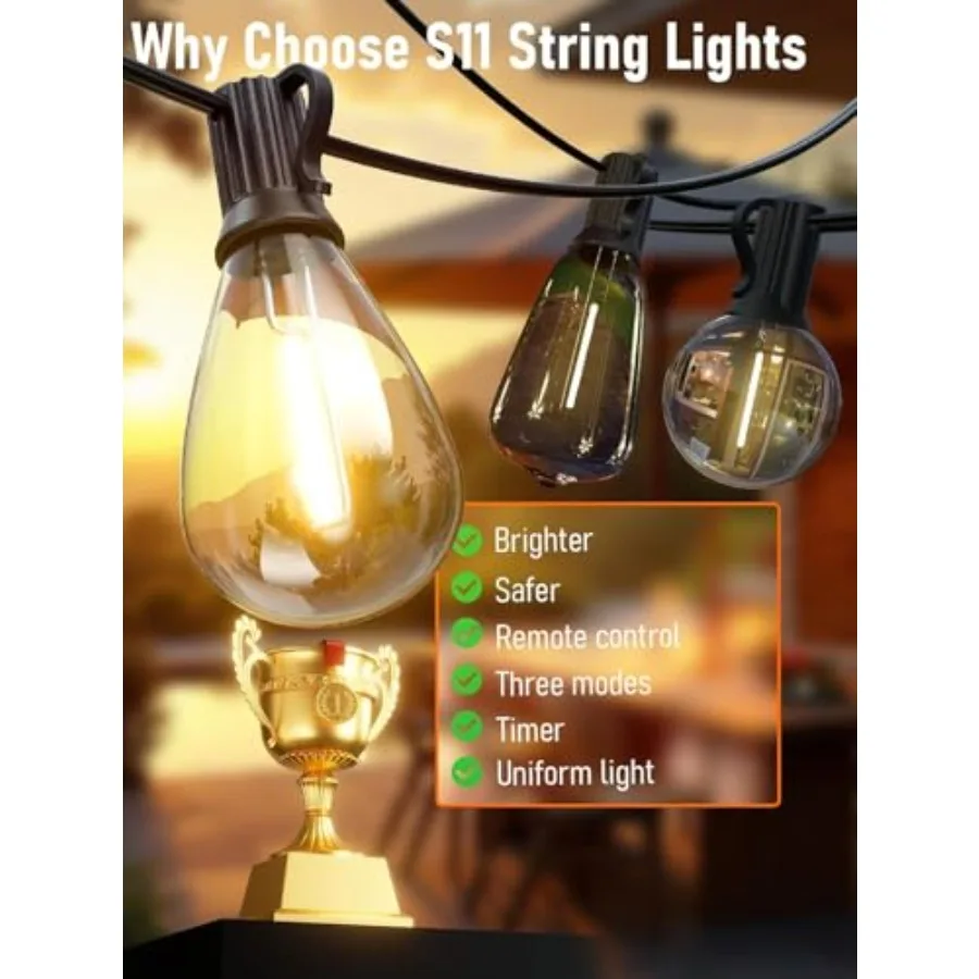 100Feet LED Outdoor String Lights with Remote, 35+ 1 Shatterproof Bulbs Waterproof and Dimmable Patio Lights for Porch, Garden,