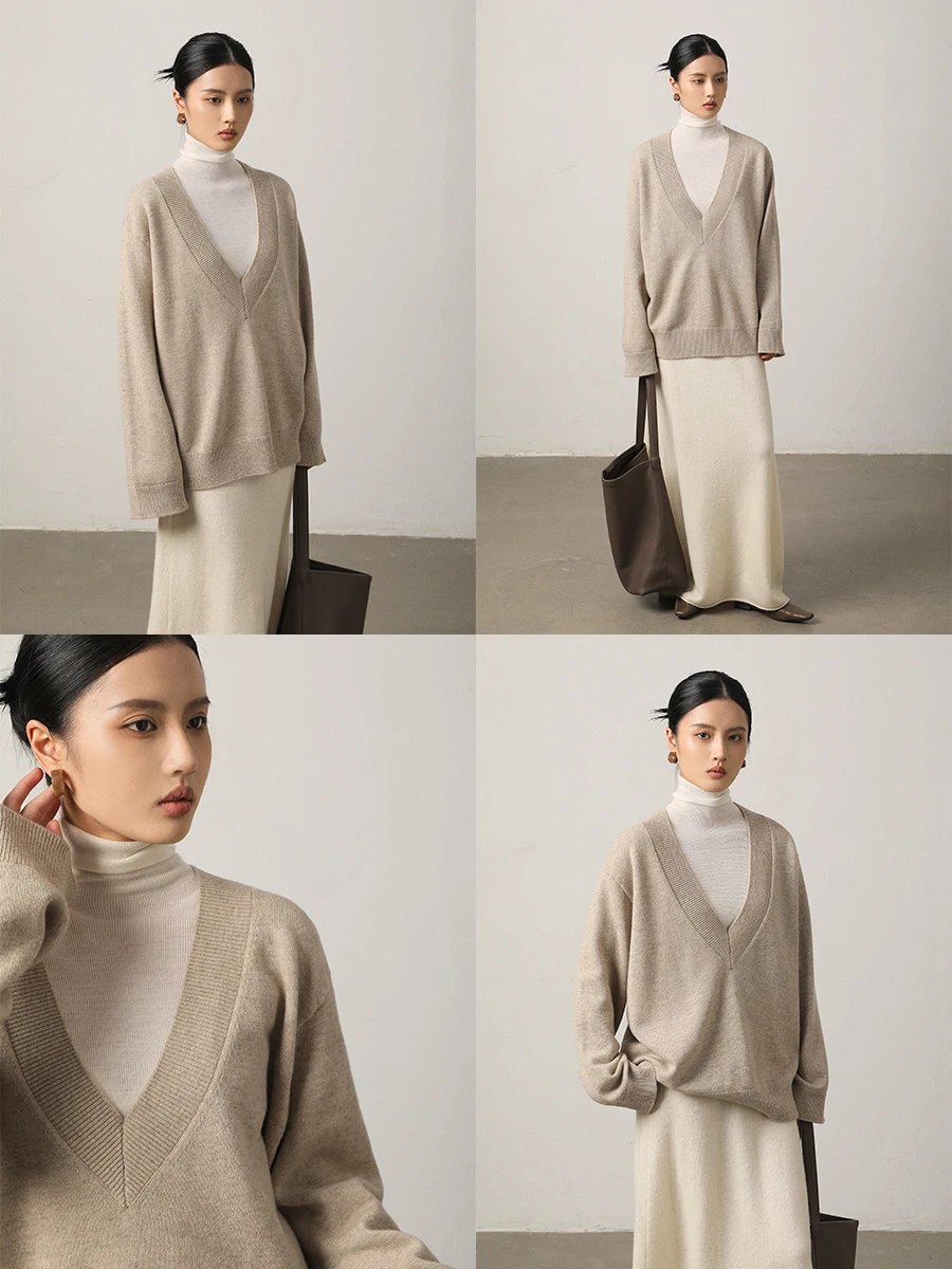 

Женский свитер Vimore из 100% шерсти, вязаный, повседневный, с глубоким V-образным вырезом, свободный, комфортный, для многослойных образов, весна-осень-зима