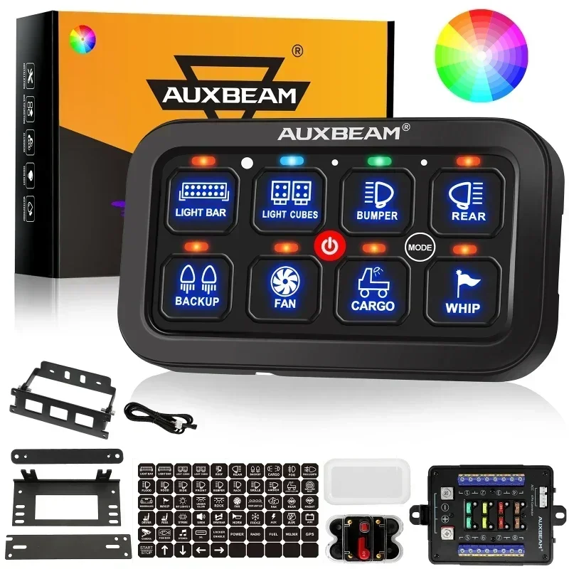 Auxbeam RGB 8-клавишная панель переключателей, тумблер/мгновенный/импульсный режим, поддержка внедорожника, каравана UTV (двусторонняя розетка) RB80