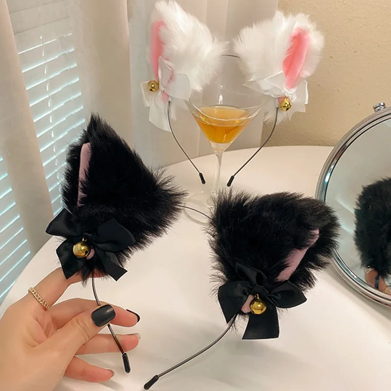 

Плюшевая кружевная повязка на голову с кошачьими ушками для женщин, корейский стиль, элегантная модная повязка для волос для девочек, вечерние косплей