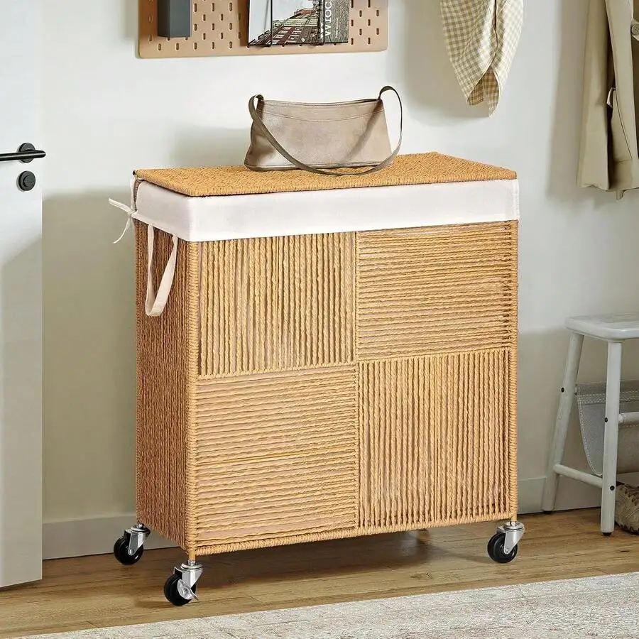 

Double Laundry Hamper With Lid, Handwoven Rolling Laundry Basket With Wheels, 115L Dirty Clothes Hamper With Removable Liner