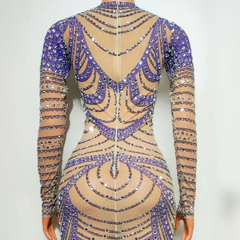 Abito da spettacolo con diamanti di compleanno Viola pieno di diamanti Lungo sottile Cantante Celebrity Banchetto Vestido Luxo Festa Abiti da ballo di lusso
