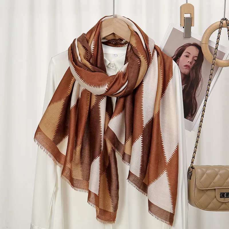 Зимний толстый шарф из вискозы, шали и палантины с бахромой в клетку геометрической формы, Женский мусульманский хиджаб, шарф 180*90 см