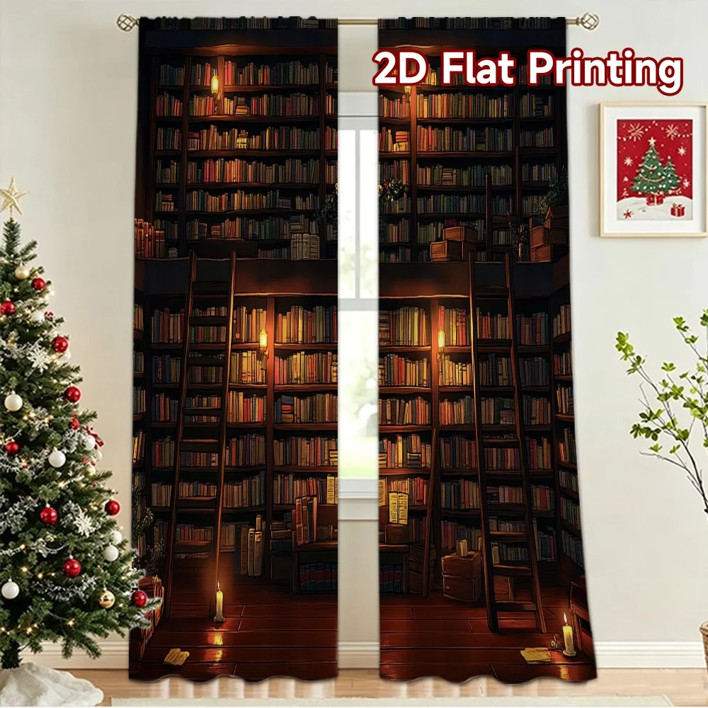 2D flat 2pcs Curtain Home Short Curtains Cozy Candlelit Library Digitally printed polyester, colorfast Party Decorations Perfect