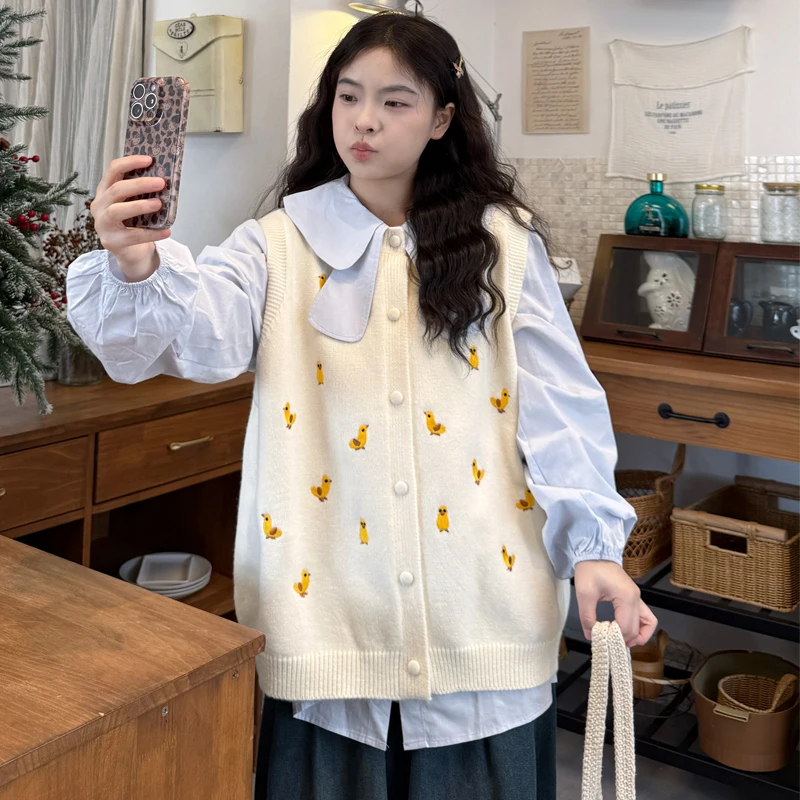 

Женский вязаный свободный жилет больших размеров, топ, закрывающий живот, верхняя одежда с вышивкой, модная повседневная одежда на осень-зиму