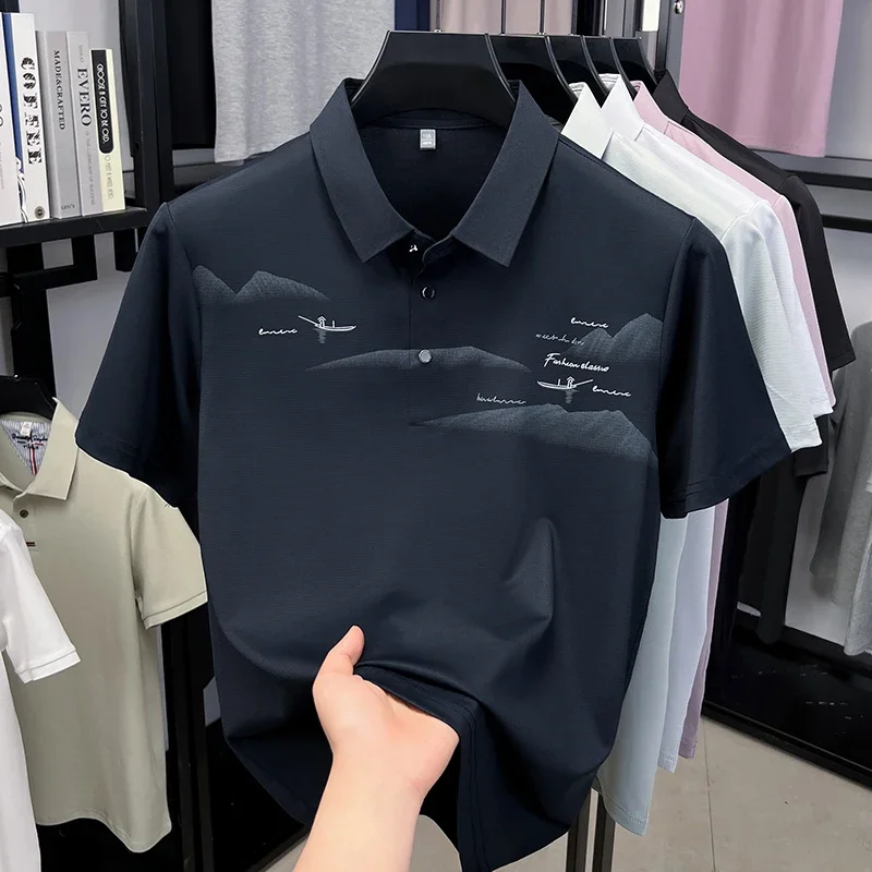 Daily essential mens landscape sketch printed lapel polo tee stretch textured fabric sweat proof summer outdoor casual garment