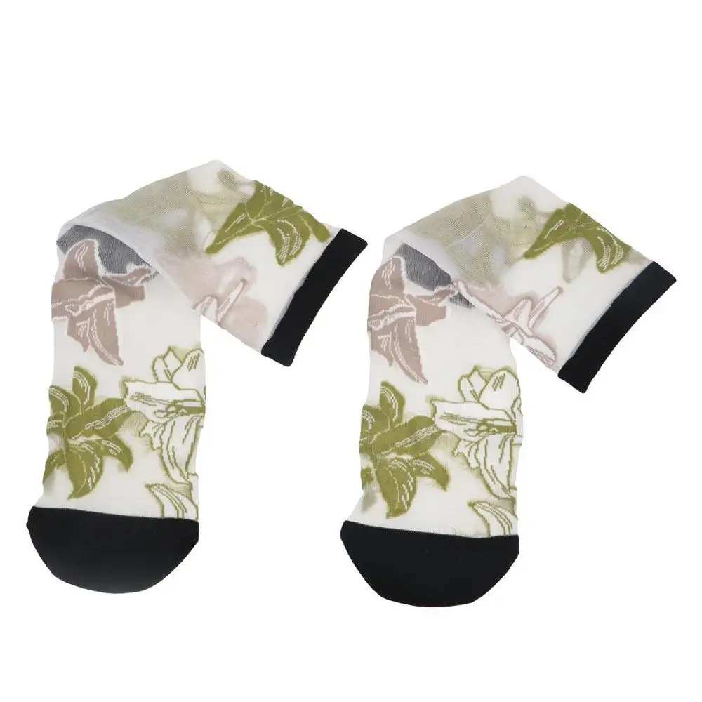 Chaussettes en soie cristal pour filles, maille Ultra-fine douce, Tube central d'été, bonneterie florale, chaussettes pour femmes