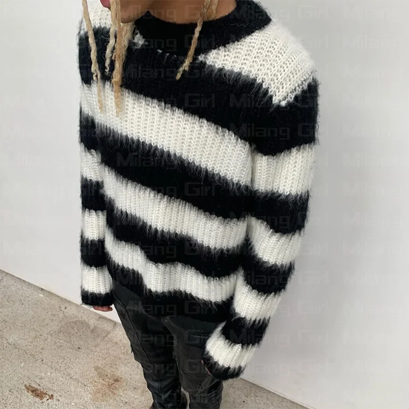 vintage sweater women cute pullover Y2K Harajuku graphics knitted ugly sweater men horizontal stripes black red gothic punk rock