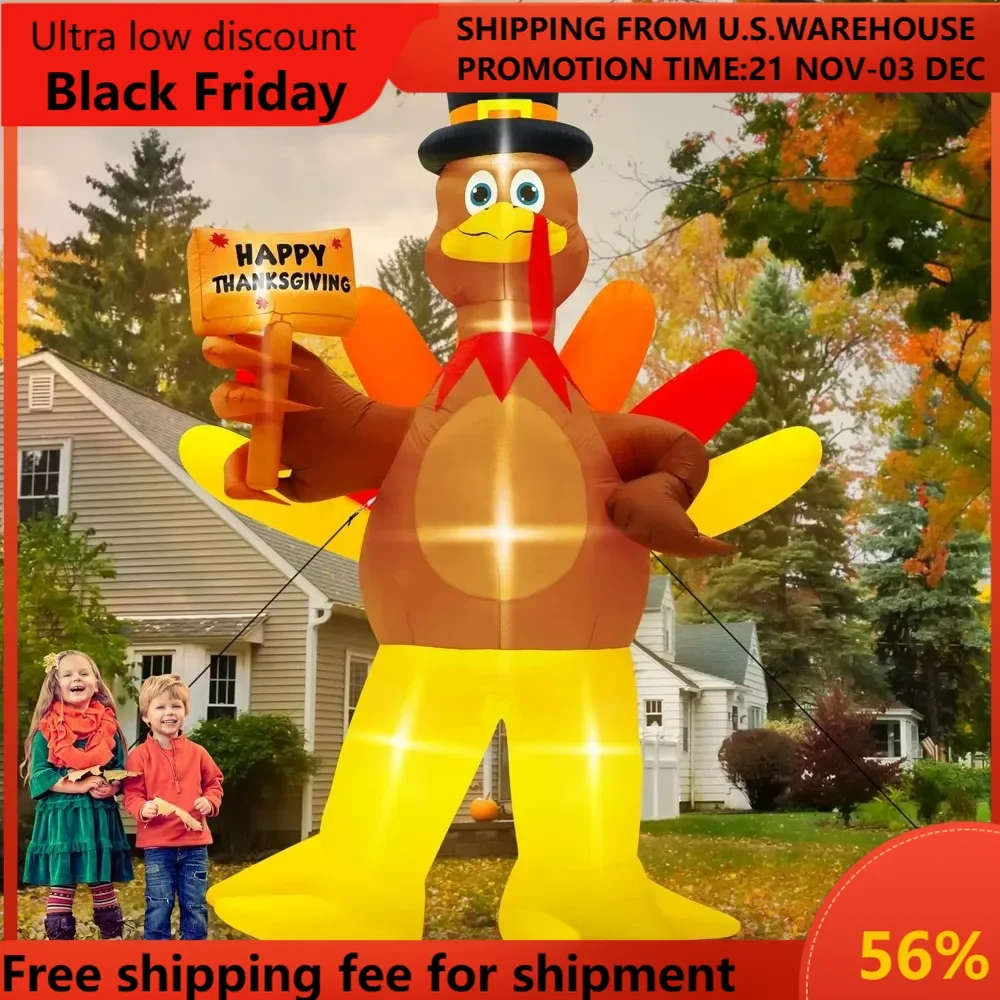 

Thanksgiving Inflatable Turkey, Blow Up Turkey Inflatables Decorations, LED Lighted Thanksgiving Turkey Holding Happy Thank