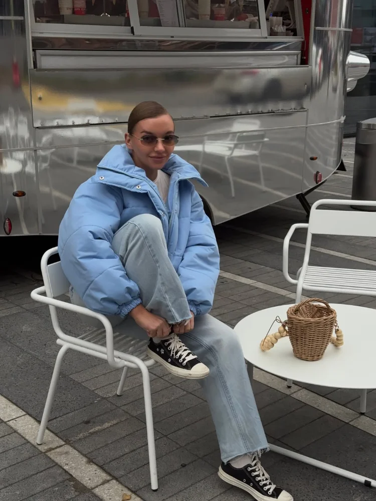 

Women Blue Lapel Short Cotton Coat Fashion Chic Stand Collar Single Breasted Zipper Loose Coats Lady Winter Daily Street Jacket