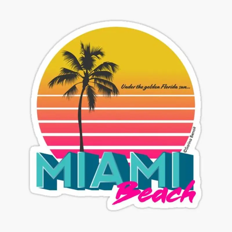 Retro Miami Beach Sunset Sticker for Laptop Decor Bedroom Car Cute Cartoon Art Fashionable Public Suitcase