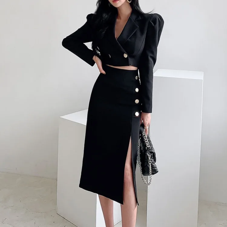 

2024 OL Business Winter autumn Women Two Piece Sets Long Sleeve Buttons Short Jacket and A-line Split Skirt Set fashion Outfits