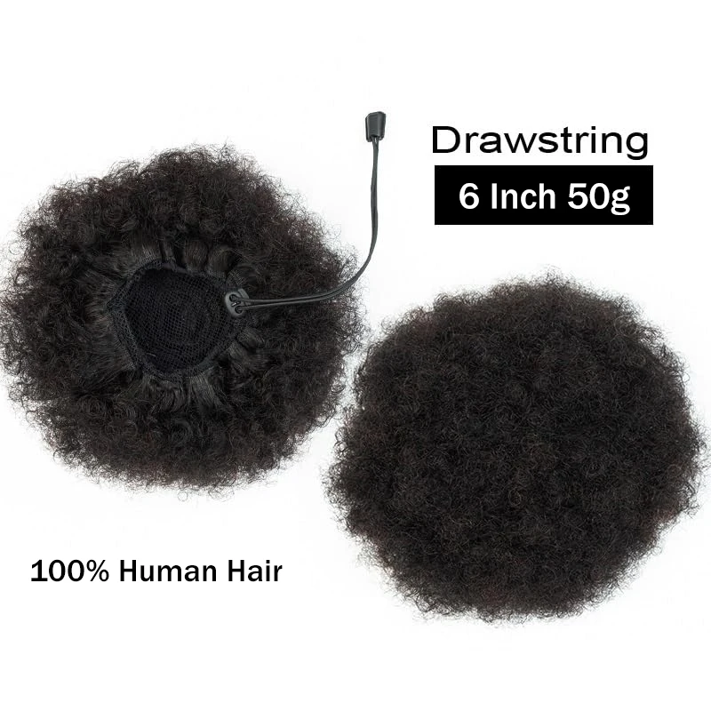 Moño y coleta de cabello humano brasileño afro kinky, rizos cortos, con cordón, color negro natural 3