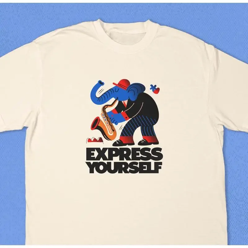 Elephant Saxophone T shirt Blue Funny Music Express Yourself Top for Lovers