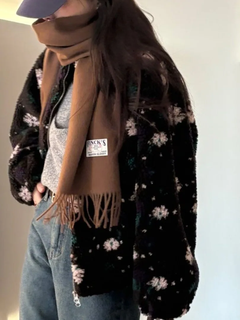 Chic Winter Thiened ort Lamm Pelzmantel frauen Floral Gemusterte Vielseitige Warme Oberbekleidung Koreanische Sle Lose Fit Damen Jaet