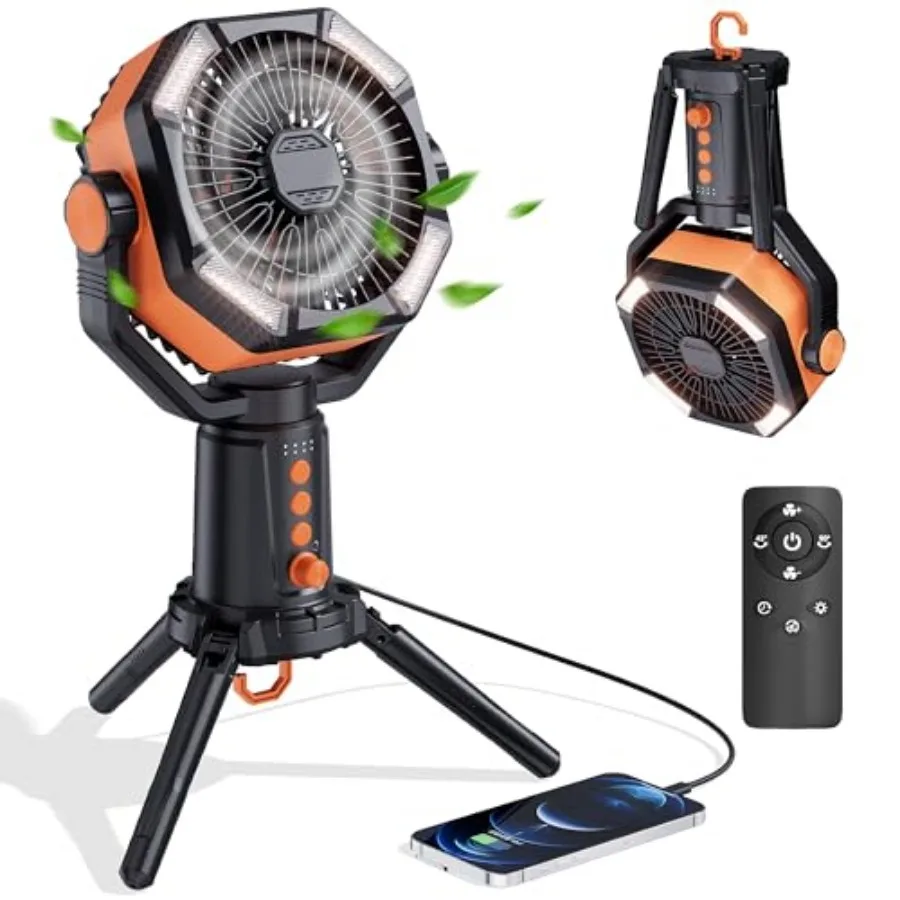 

Table Fans Tripod, 20000mAh Rechargeable Battery Operated Portable Tent Fan with LED Lantern, Remote Control, Hook, 270° Pivot,