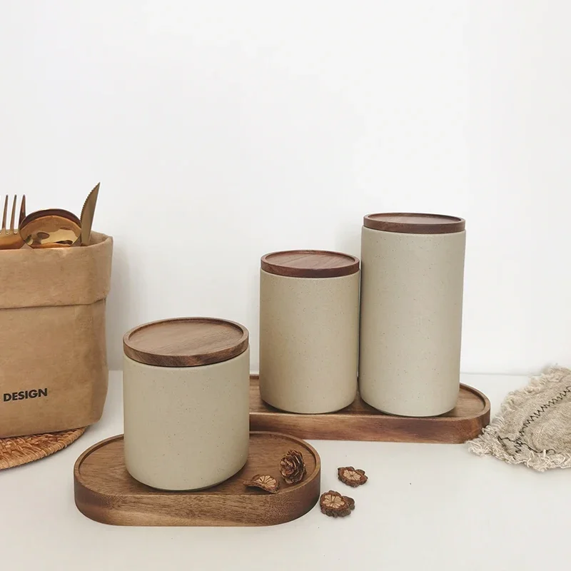 

Japanese Style Ceramic Wooden Cork Pratical Coffee Bean Household Preservation Kitchen Storage Pot Modern Simple Classcal Retro