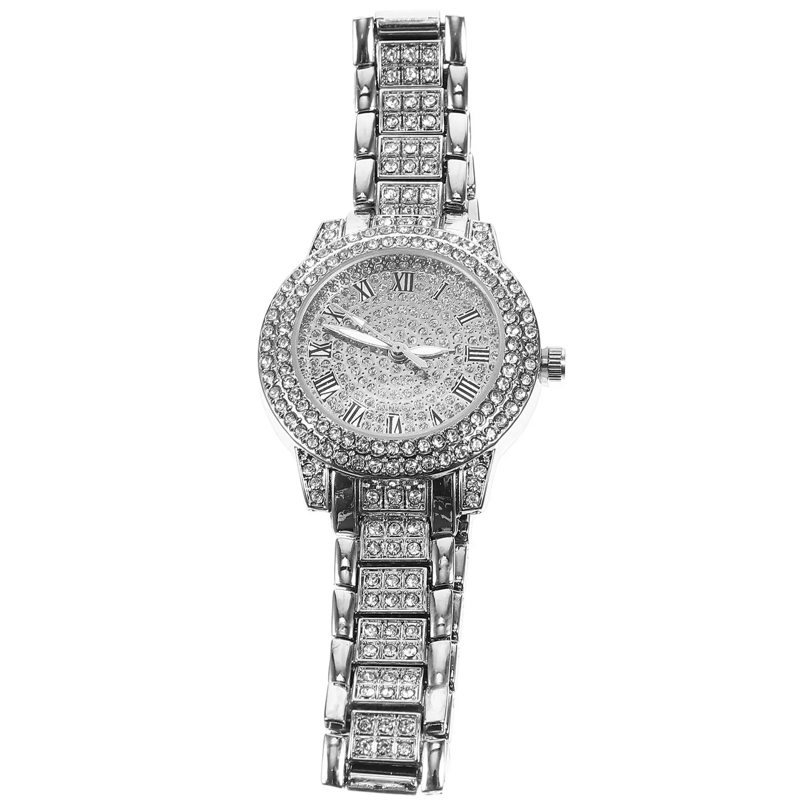 Stylish Men Quartz Watch with Full Diamond Roman Numerals Delicate Metal Band Adjustable Fit Precise Timekeeping Exquisite