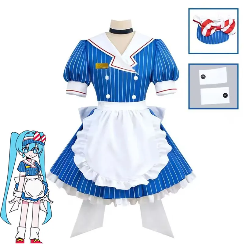 

Miku Cosplay Costumes Anime Mesmerizer Uniform Women Striped Maid Dress Hat Apron Suit Halloween Christmas Carnival Party Dress