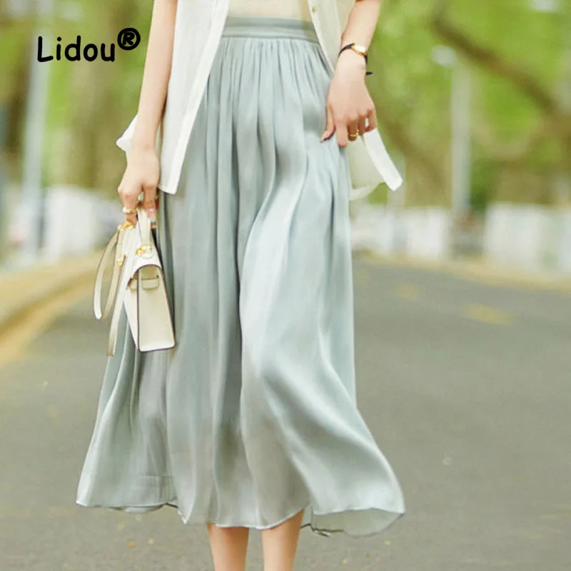 

Classic Solid Color 2023 Spring Summer New Pearlescent Half Skirt Women's High Waist Slim Thin Drop Pleated Large Swing Skirt