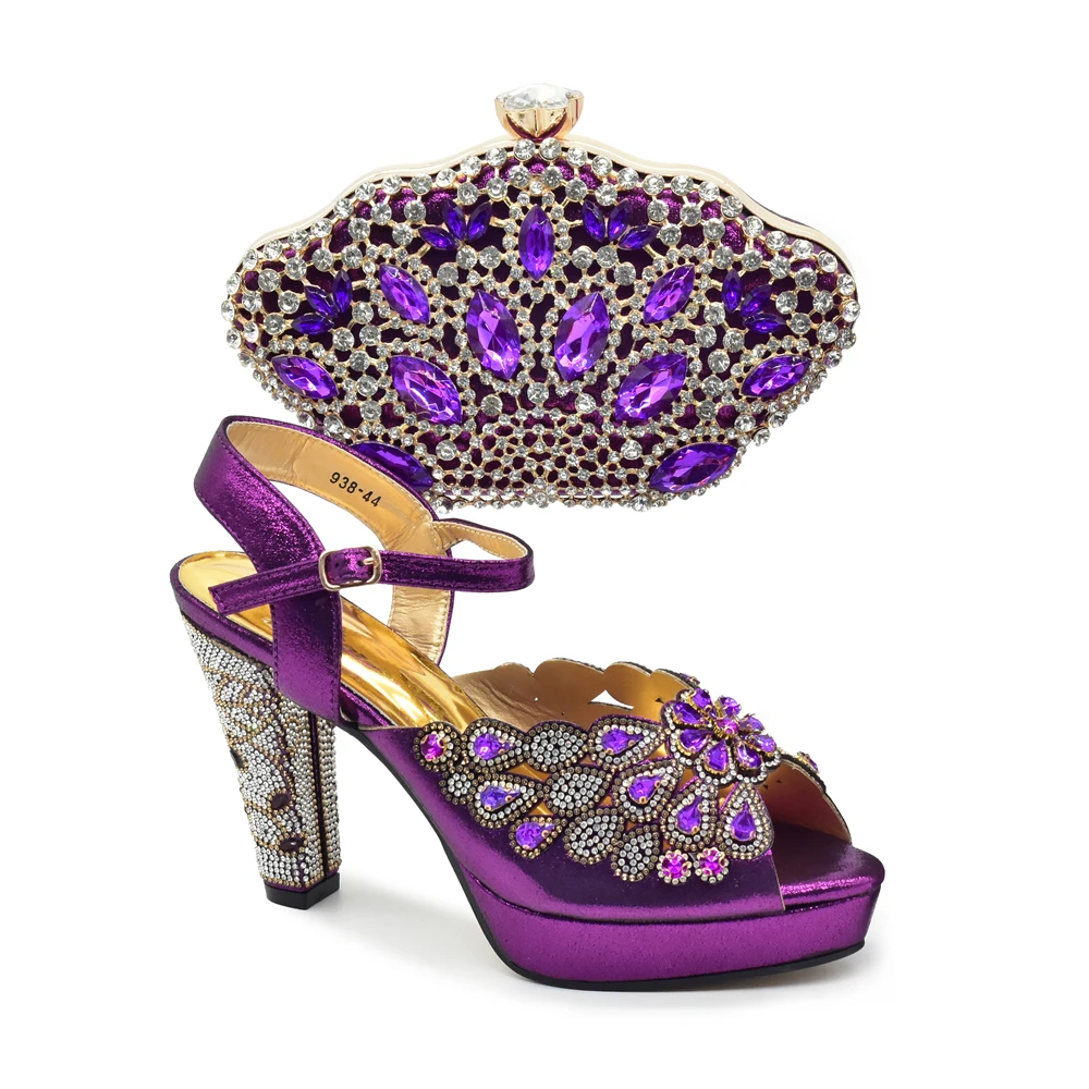 Designer Italian Woman Shoe and Bag Decorated with Rhinestone Purple Shoes and Bags Sets High Heels Wedding Shoes Bride