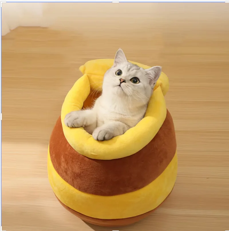 Cama para gatos, arena suave de felpa para mascotas para perros pequeños, cálida para dormir en interiores con cojín extraíble, olla de miel, acogedora cama de felpa