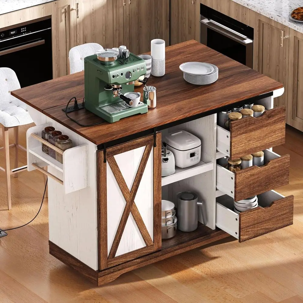 

55.5 Mobile Kitchen Island with Power Outlet, Drop Leaf, Barn Door Cabinet, Spice Rack & Towel Bar