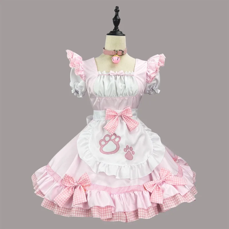 Women Maid Cosplay Costume Short Puff Sleeve Plaid Ruffle Dress with Cat Paw Printed Apron Bow Decor and Headpiece for Party view 6