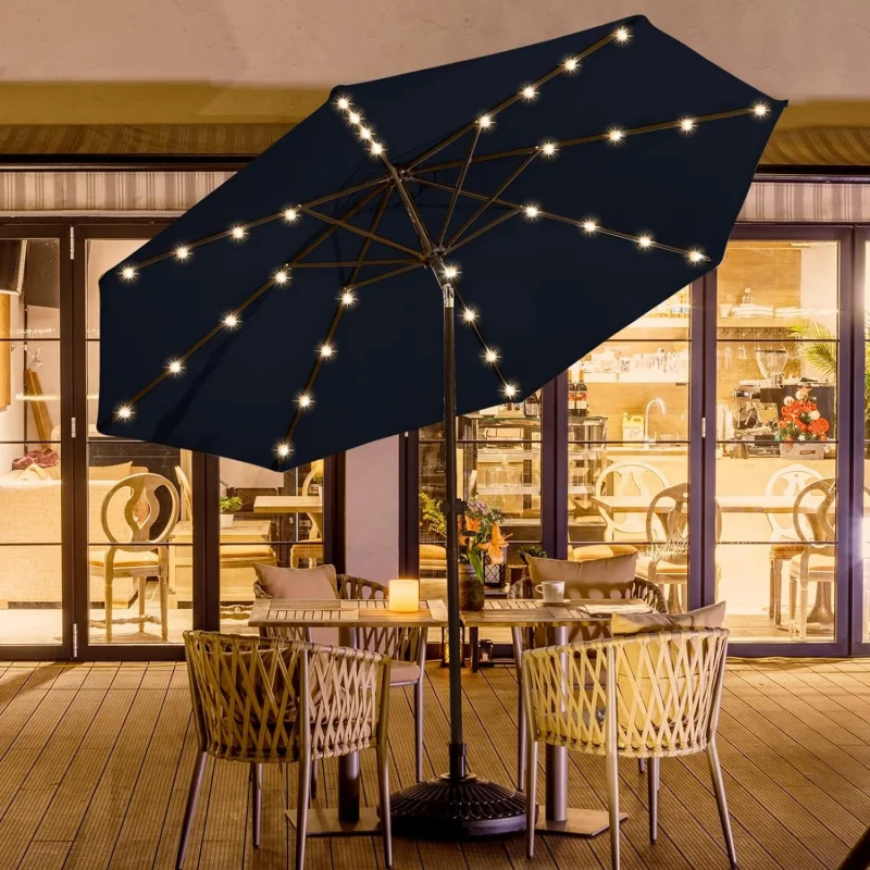 

9ftLed Patio Umbrella, Sturdy Outdoor Market Umbrella for Deck, Pool, Garden w/Tilt, Crank, 32 LED Lights, Navy