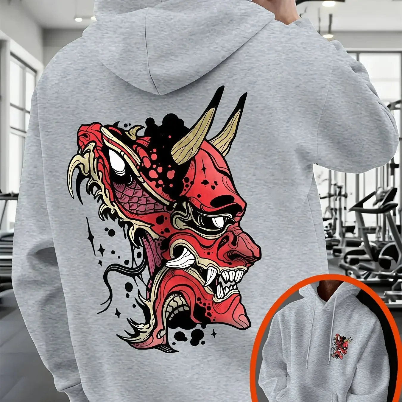 Men's Japanese Oni Demon Mask Graphic Hoodie Sweatshirt Red Devil Face Tattoo Print Oversized Streetwear Pullover Autumn Winter