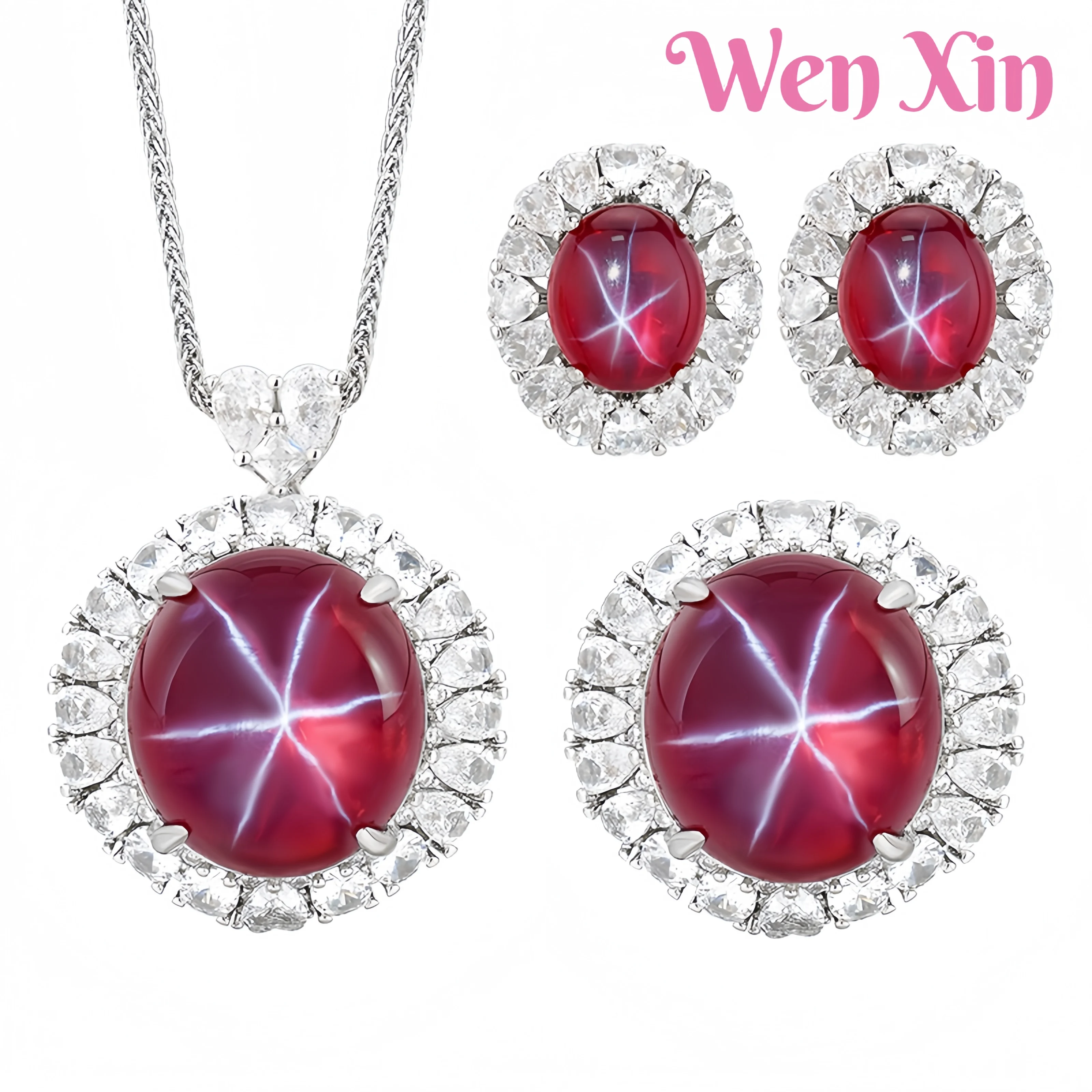 

WENXIN Brand MUSHAN MCT Round Simulated Red Corundum Hexagram Star Set Ring Pendant Necklace Earring Fashion Jewelry Accessories