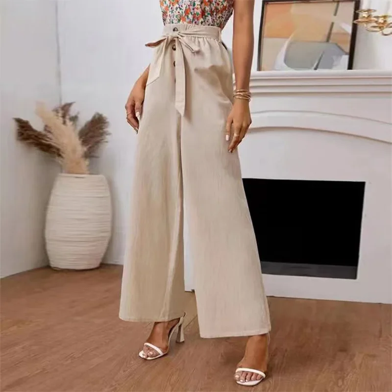 Calça larga com cintura alta elástica feminina, calça bandagem casual, faixas largas soltas, botão monocromático, moda verão