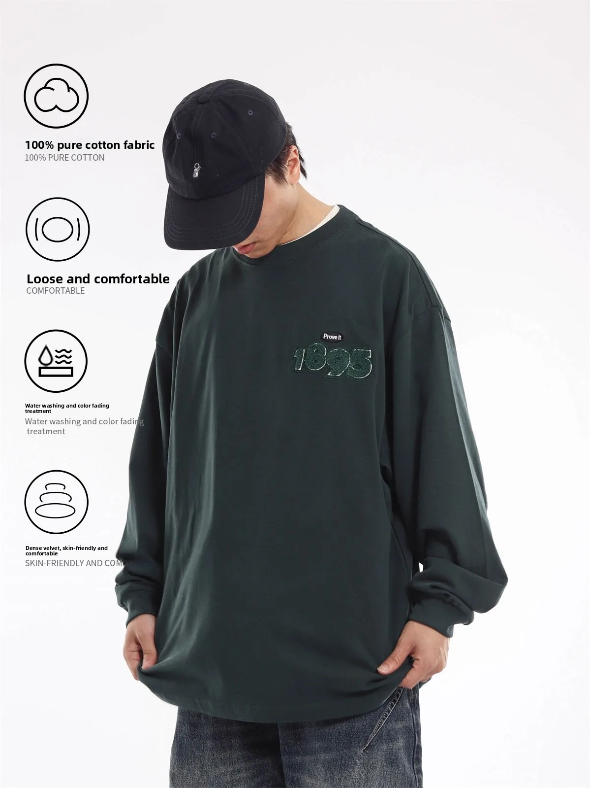 Autumn Lazy Retro 300g Heavyweight Long Sleeve T-Shirt Cityboy Loose Fit Green Towel Embroidery Sweat Absorbent Breathable