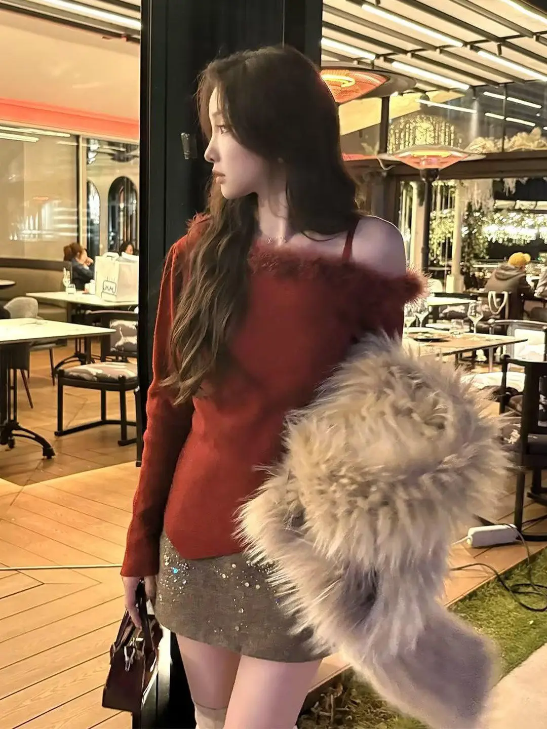 

oulder Bared Waist-Cinching Knitwear Women's Faionable Spring New Sle Anti-Uv Long Sve Color Casual Top