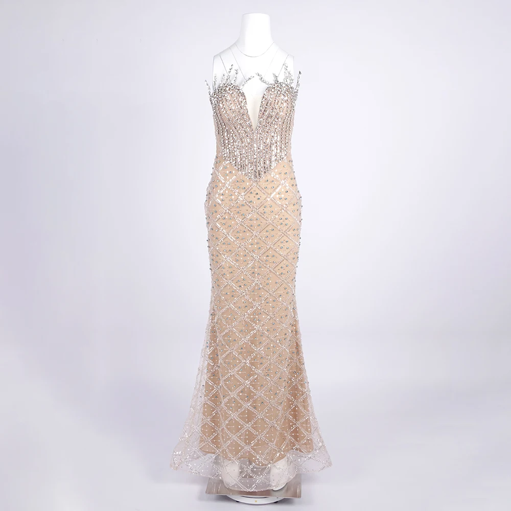 

PB New Women Sexy Strapless Crystal Embellished Mermaid Style Long Dress Checked Gauze Formal Wedding Party Evening Gowns 2025